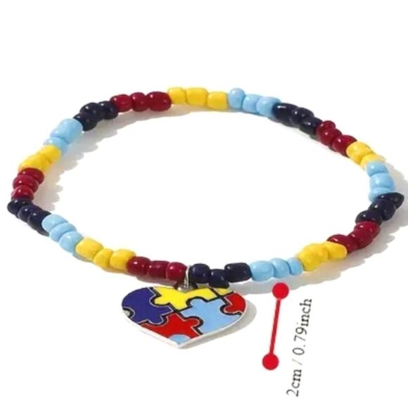 Colorful Puzzle Heart Autism Awareness Beaded Bracelet for Kids and Adults - Picture 2 of 4